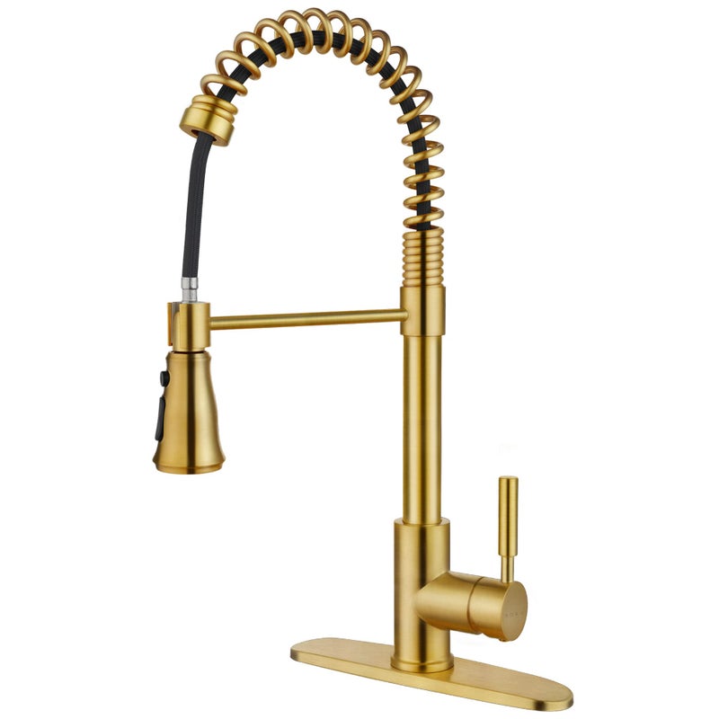 SOKA Kitchen Sink Faucet with Dual Function Solid Single Handle w/Deck Plate Pull Down Sprayer Spring Kitchen Faucet, Brushed Gold (SK5001AR) - Image 1